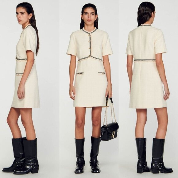 Sandro Paris Ecru Cream Tweed Short Sleeve Nava Dress NWT $445 Size 840